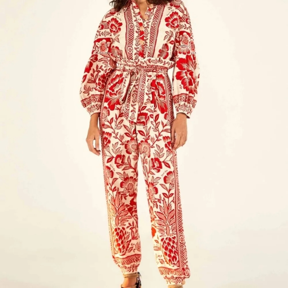 Farm Rio Pineapple Garden Long Sleeve Linen Blend Jumpsuit In Multi Size Medium